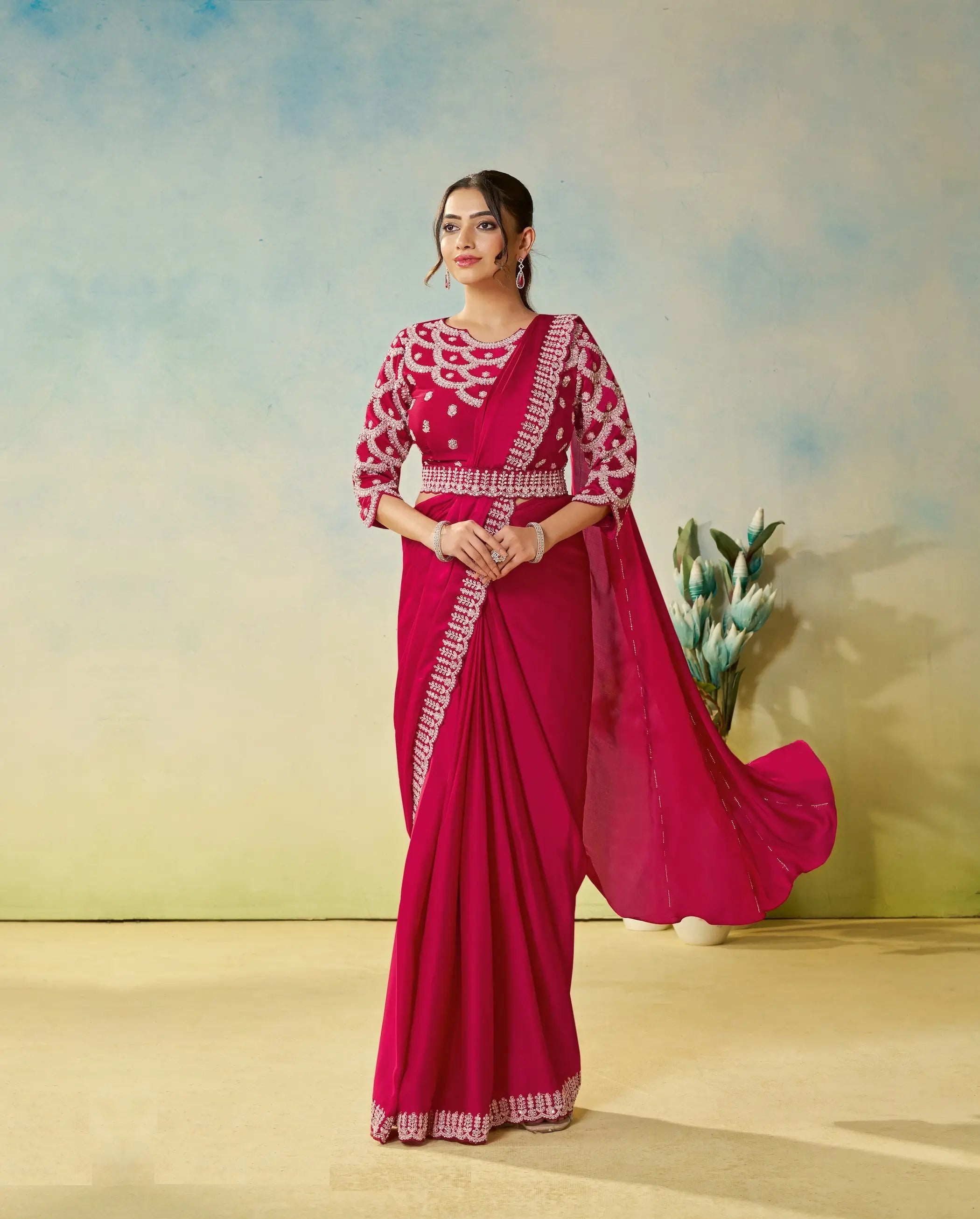 Pinkish Red Embroidery & Hand Work One Minute Saree - qivii