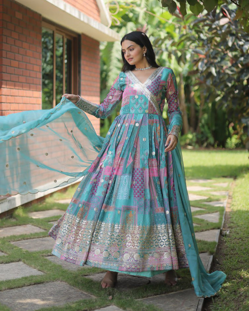 Wedding Wear Embroidery Sky Blue Color Gown With Dupatta  - By Qivii