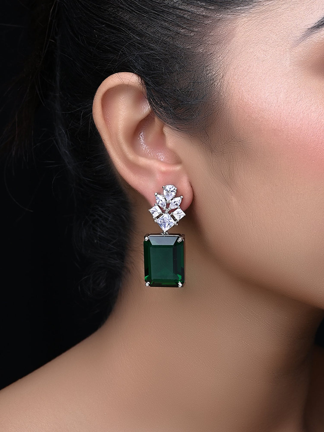 Pratima Green Emerald American Diamond Silver Plated Earrings