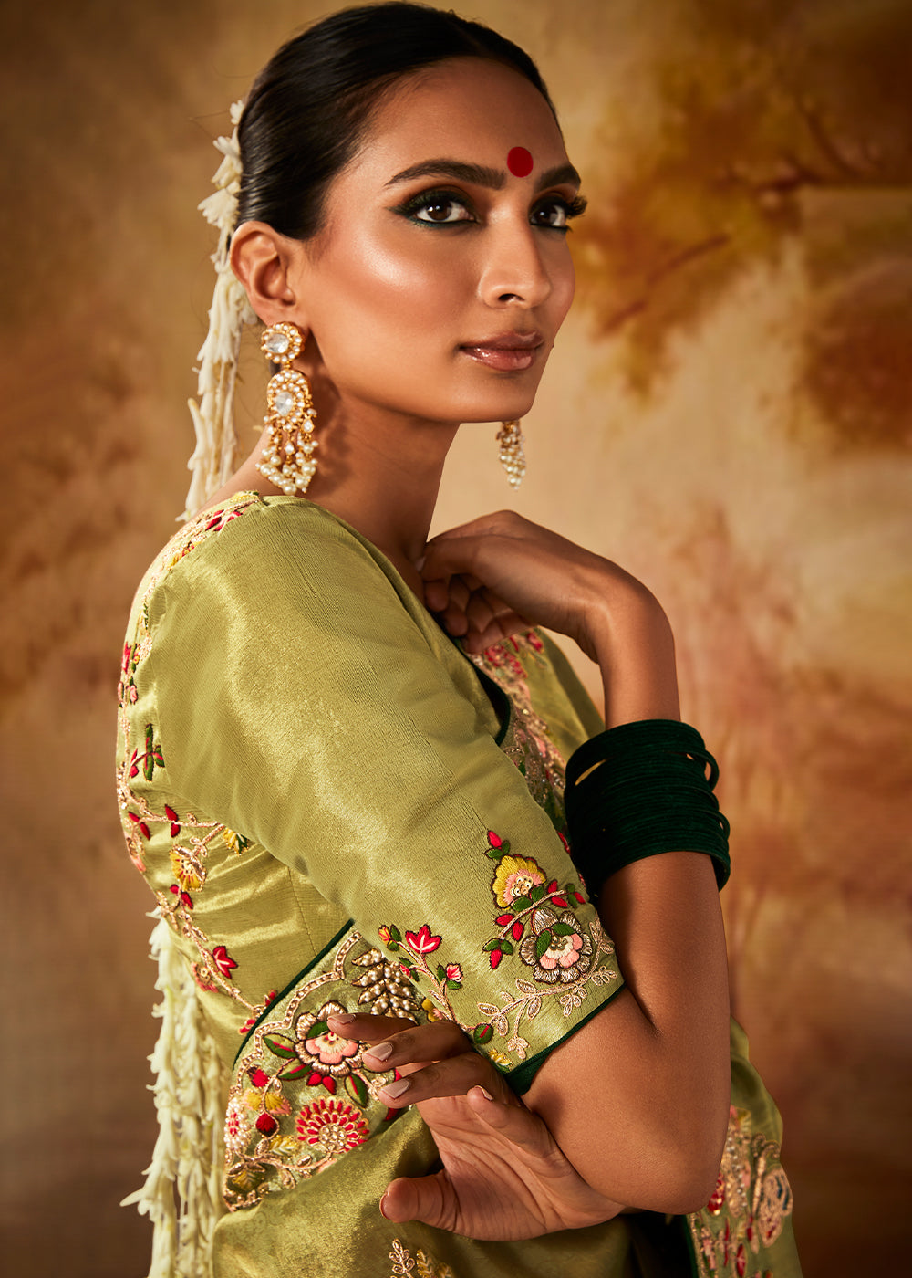 Light Avocado Green Woven Banarasi Silk Saree with Sequin,Stone,Zardosi,Khatli & Pearl work - qivii