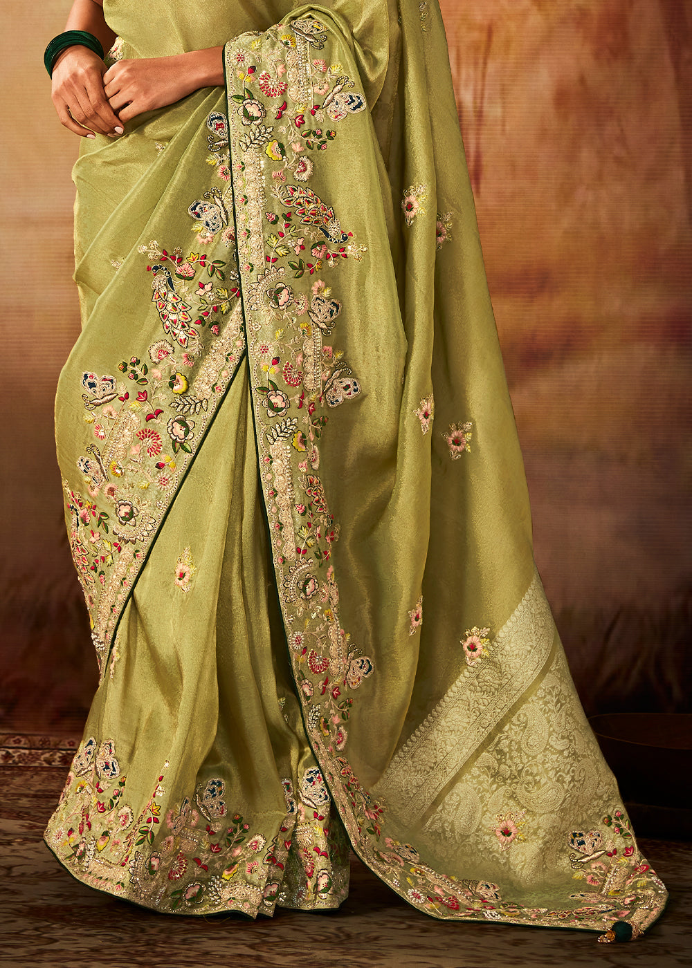 Light Avocado Green Woven Banarasi Silk Saree with Sequin,Stone,Zardosi,Khatli & Pearl work - qivii