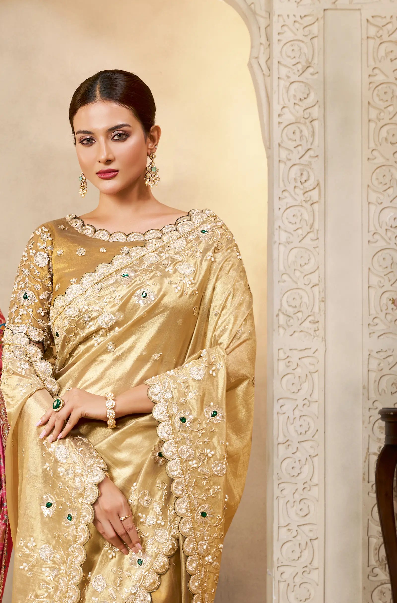Shaded Golden Tissue Silk Saree With Embroidery & Hand Work