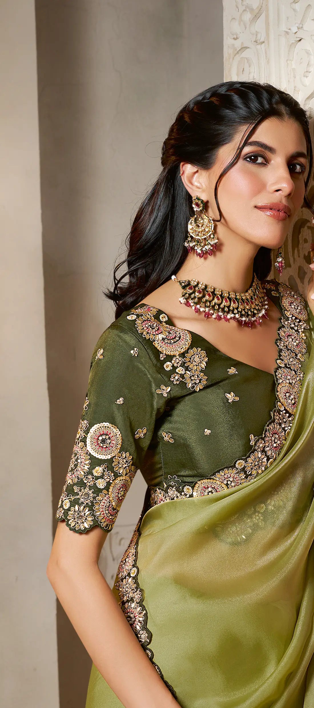 Mustard Olive Organza Satin Saree With Embroidery & Hand Work