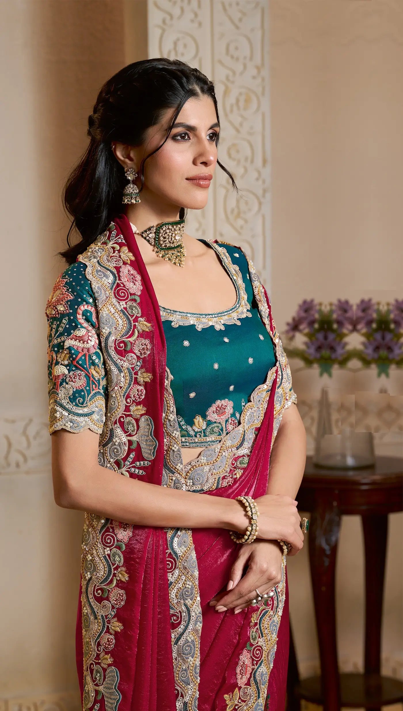 Rose Red Satin Silk Saree With Embroidery & Hand Work