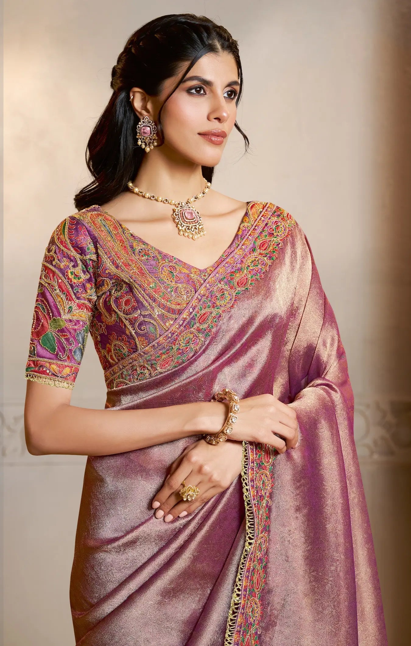 Onion Pink Kanjivaram Silk Saree With Embroidery & Hand Work