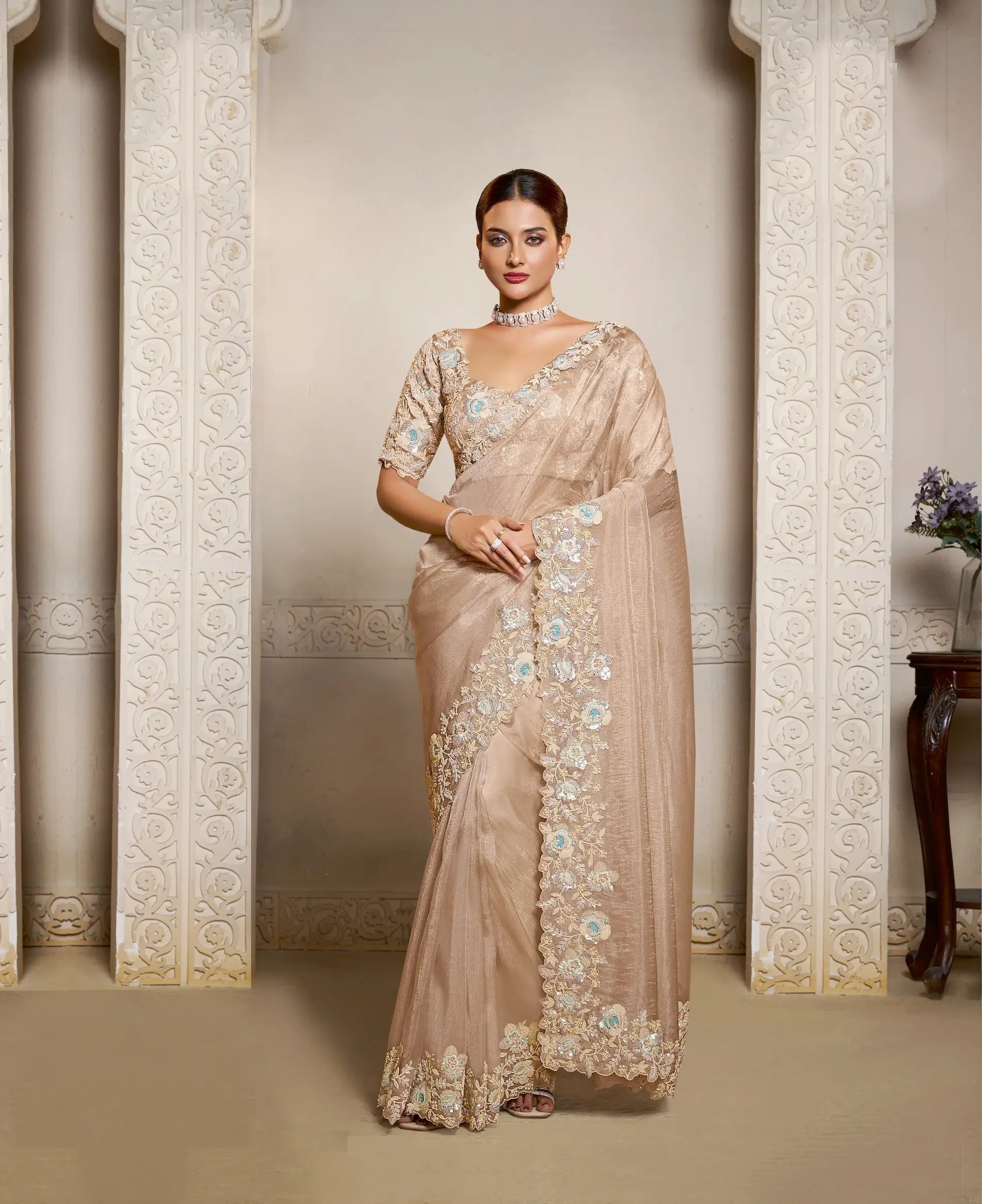 Almond Beige Organza Silk Saree With Embroidery & Hand Work