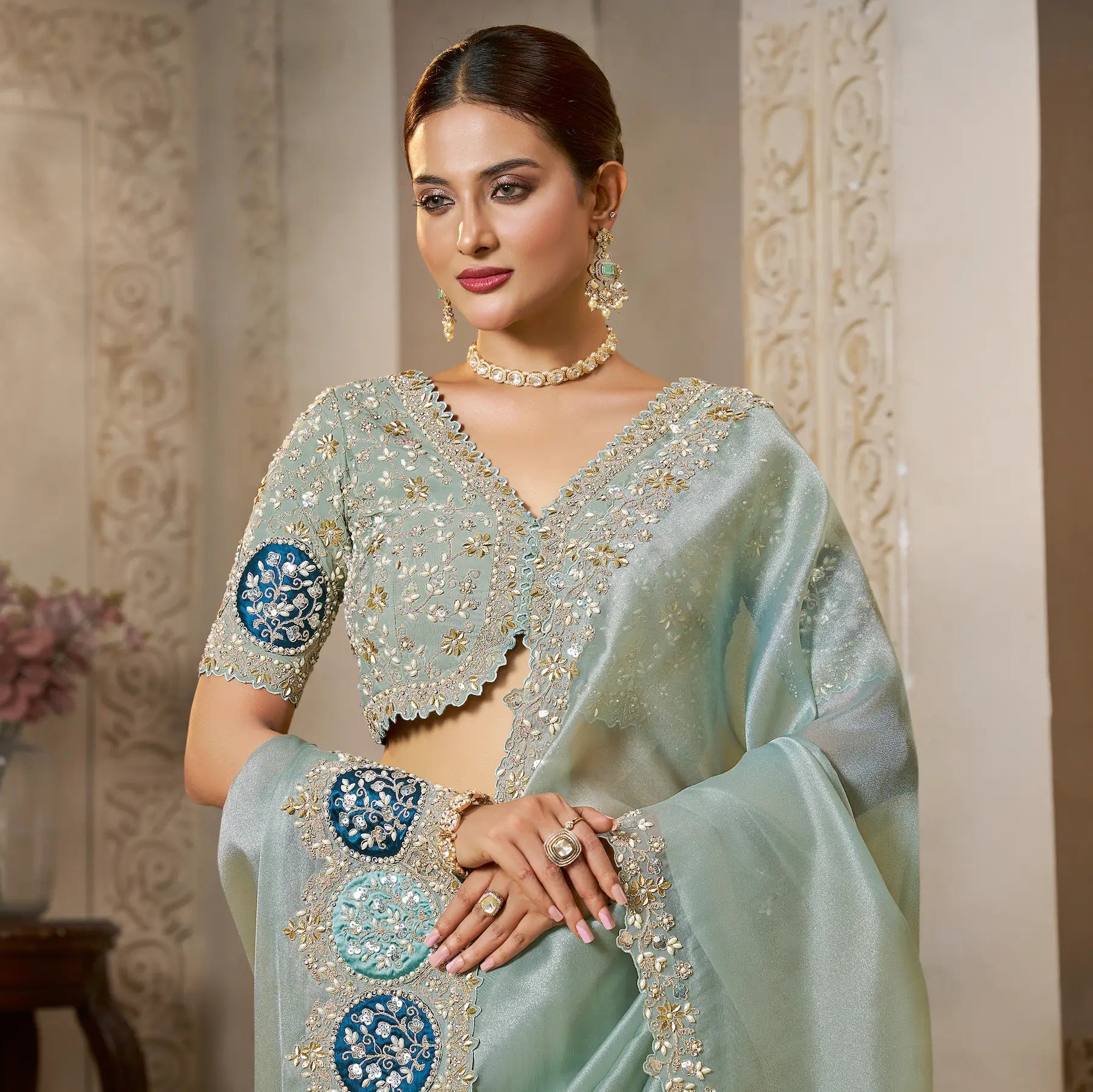 Sky Grey Organza Tissue Saree With Embroidery & Hand Work