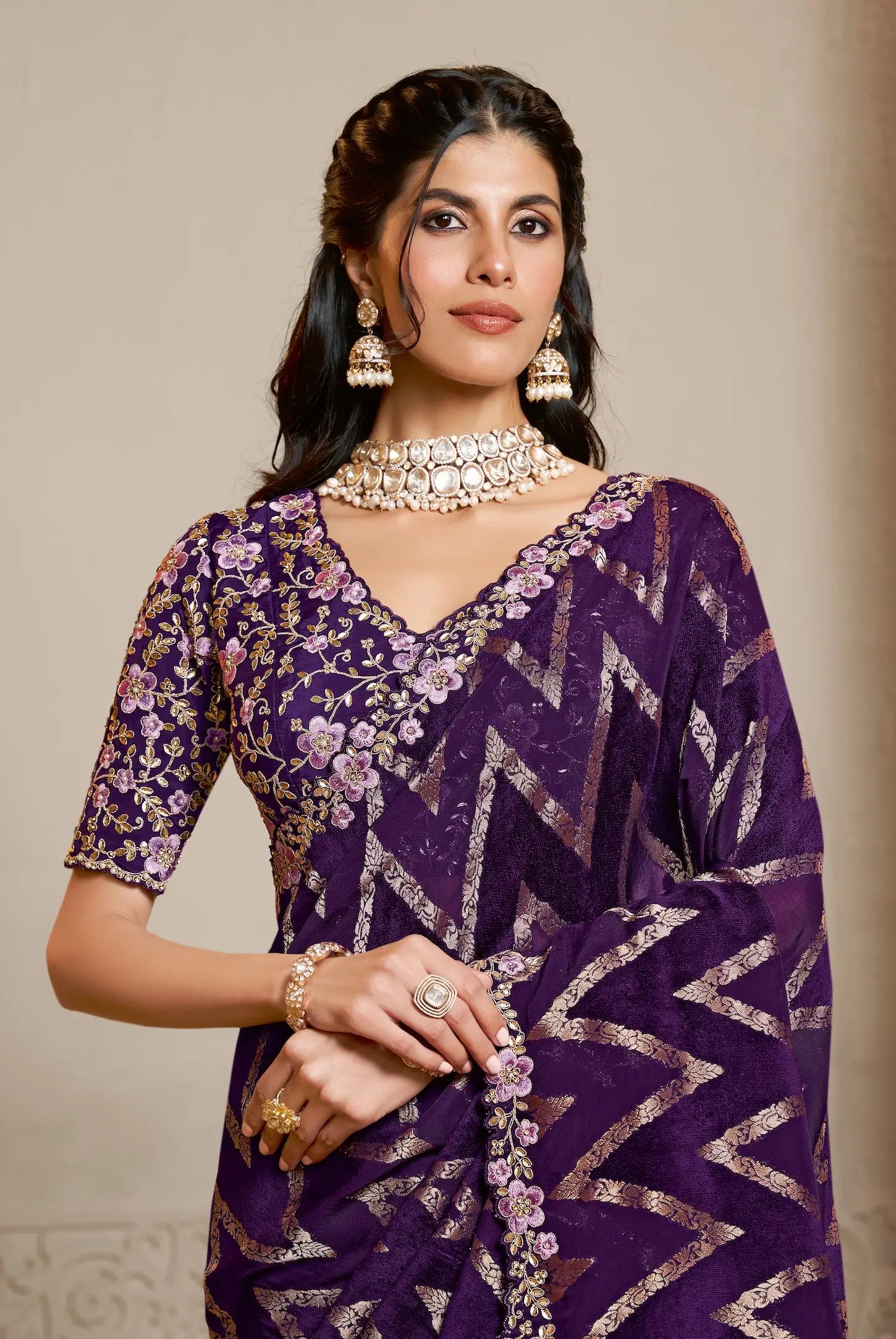 Deep Purple Jacquard Silk Saree With Embroidery & Hand Work