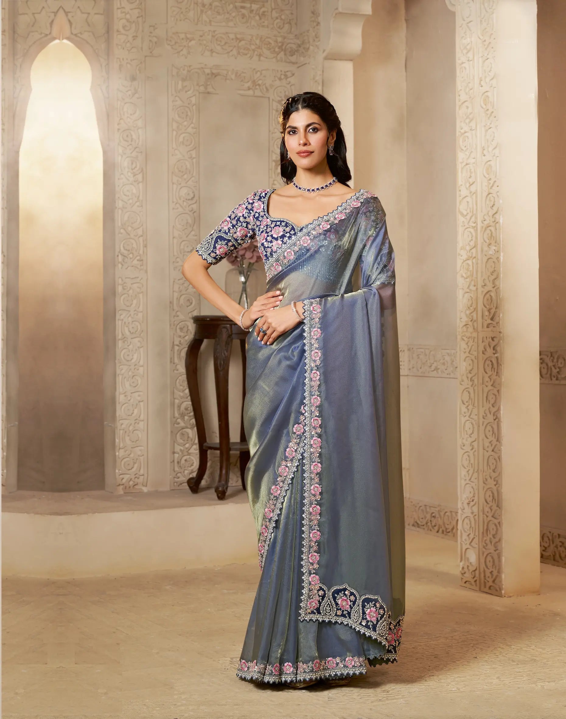 Davy Grey Organza Satin Saree With Embroidery & Hand Work