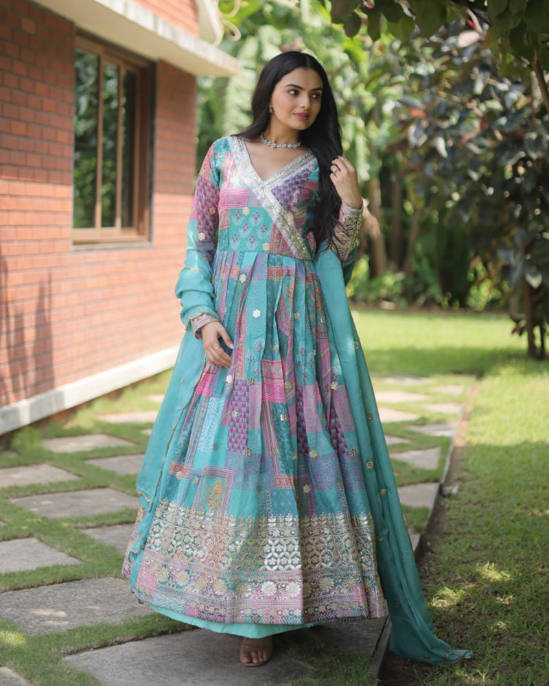 Wedding Wear Embroidery Sky Blue Color Gown With Dupatta  - By Qivii