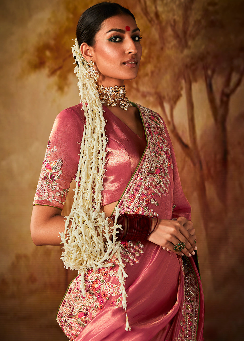 Rouge Pink Woven Banarasi Silk Saree with Sequin,Stone,Zardosi,Khatli & Pearl work - qivii