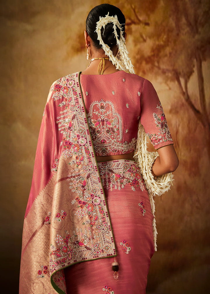 Rouge Pink Woven Banarasi Silk Saree with Sequin,Stone,Zardosi,Khatli & Pearl work