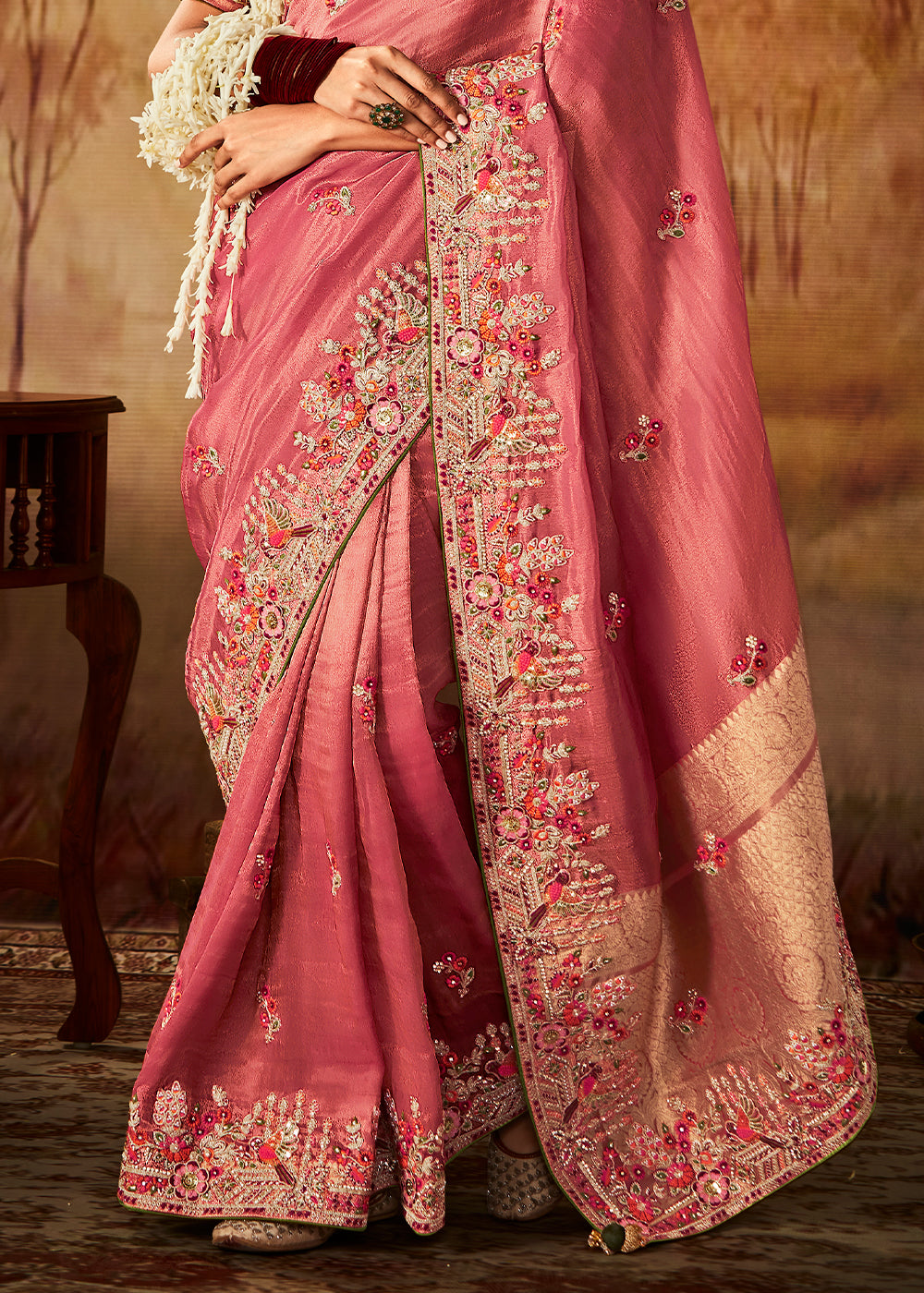 Rouge Pink Woven Banarasi Silk Saree with Sequin,Stone,Zardosi,Khatli & Pearl work - qivii