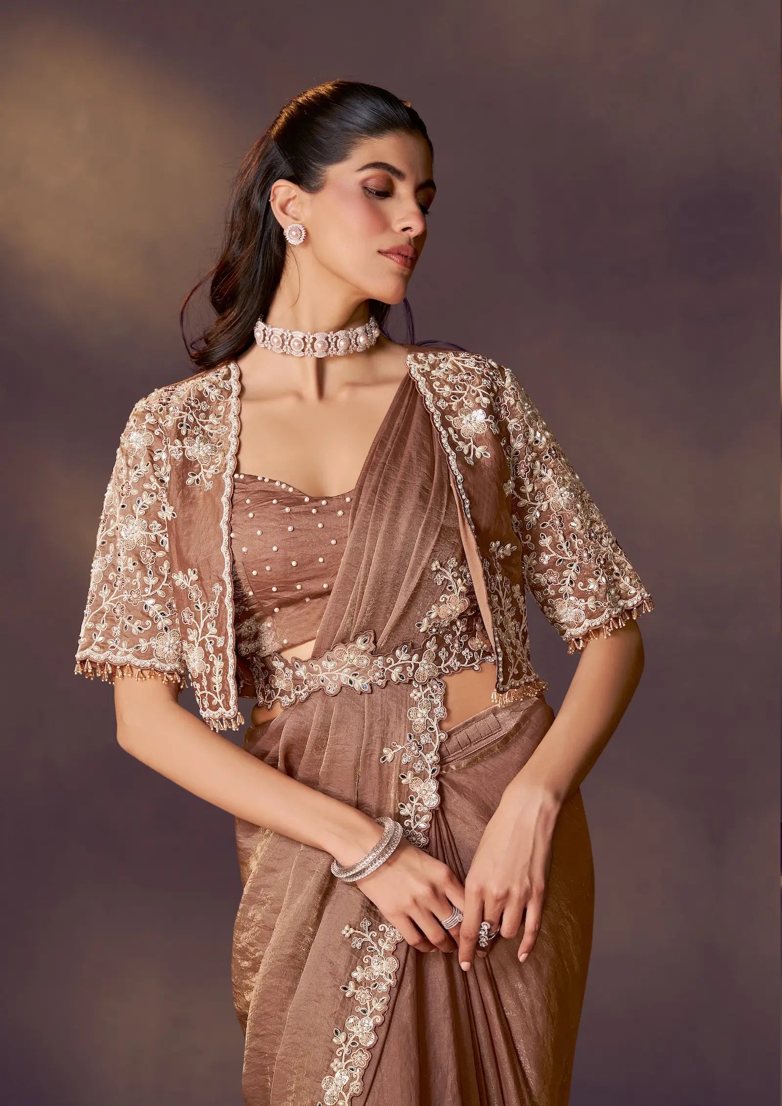 Cider Brown One Minute Saree With Embroidery & Hand Work
