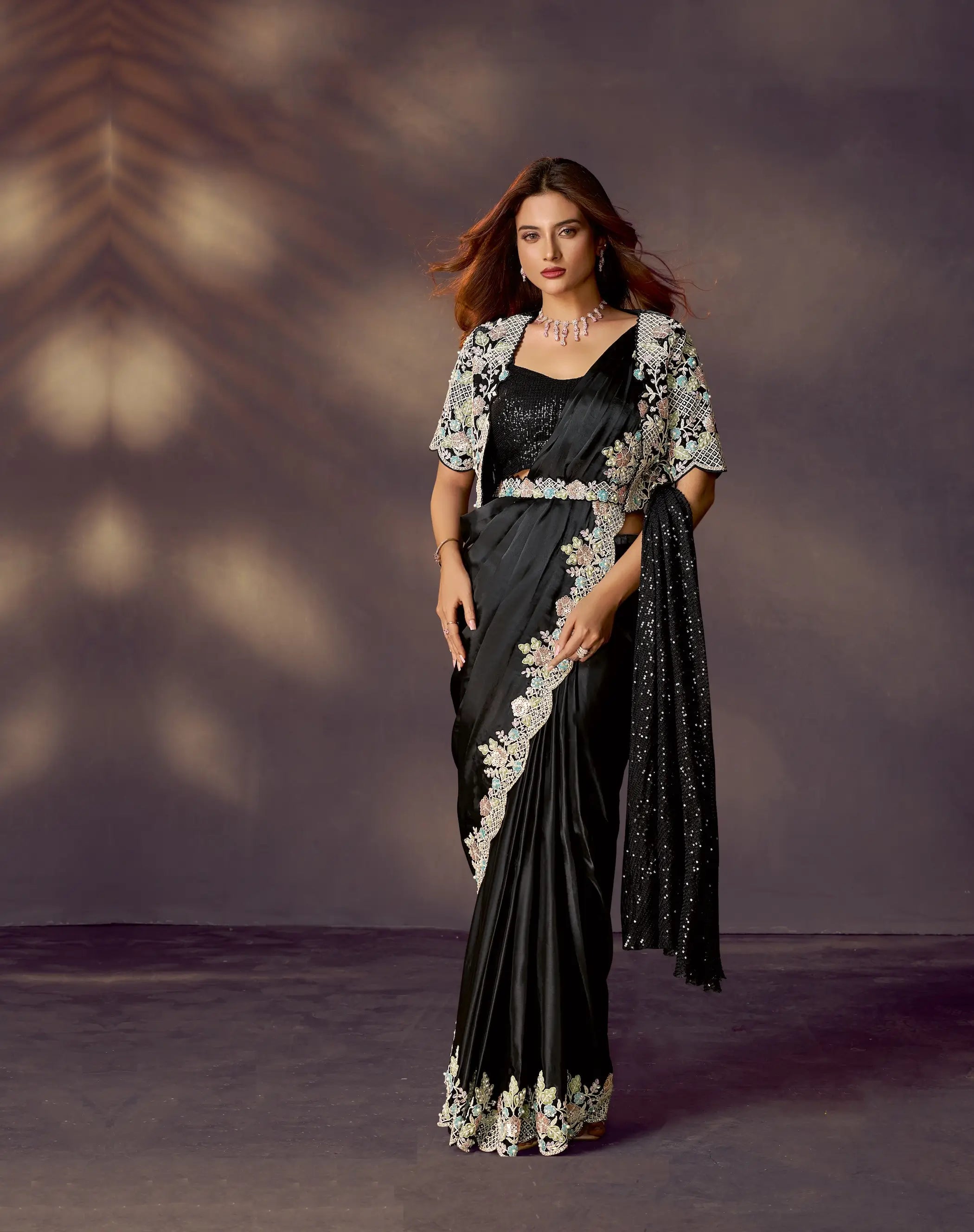 Rich Black One Minute Saree With Embroidery & Hand Work