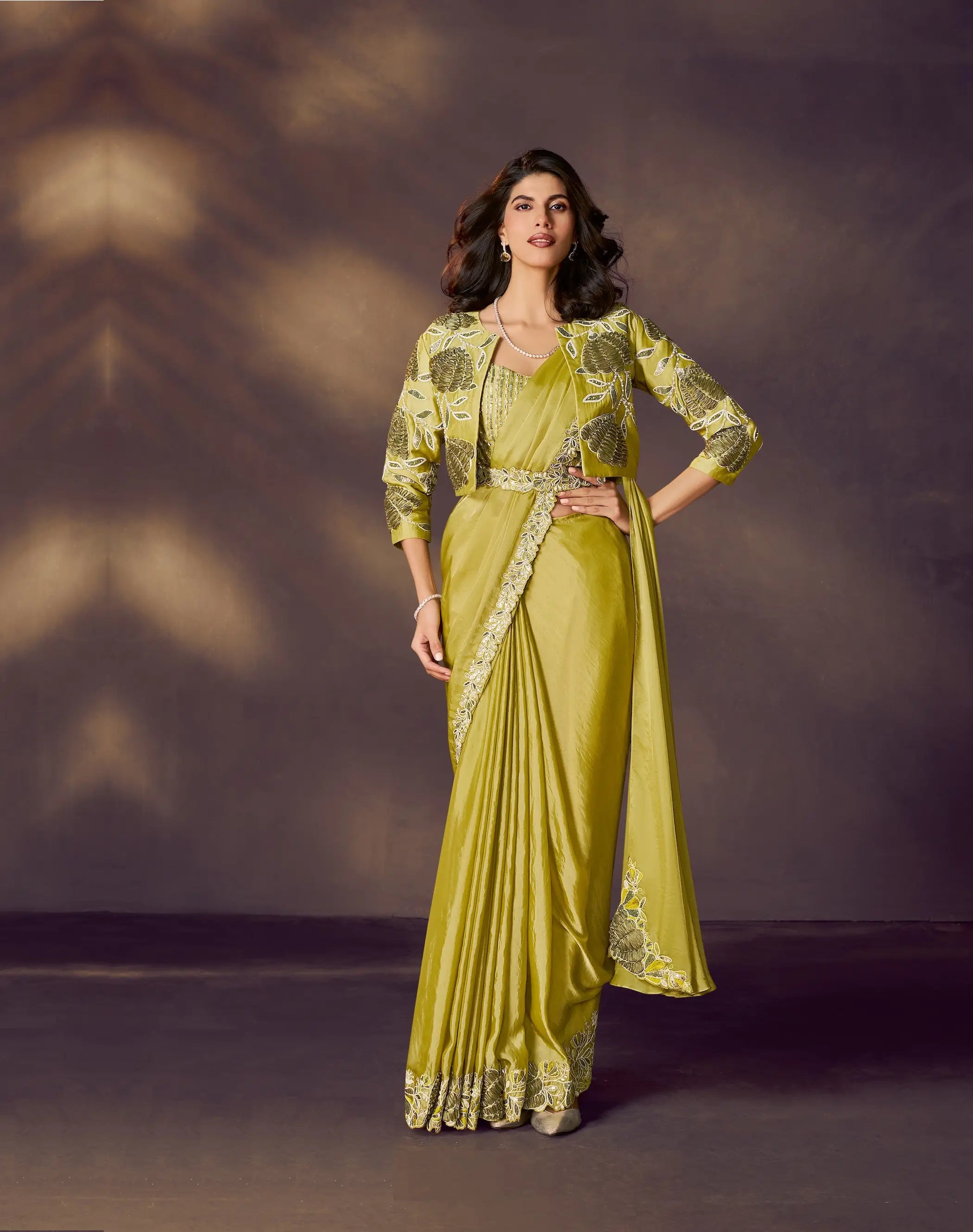 Lime Yellow One Minute Saree With Embroidery & Hand Work