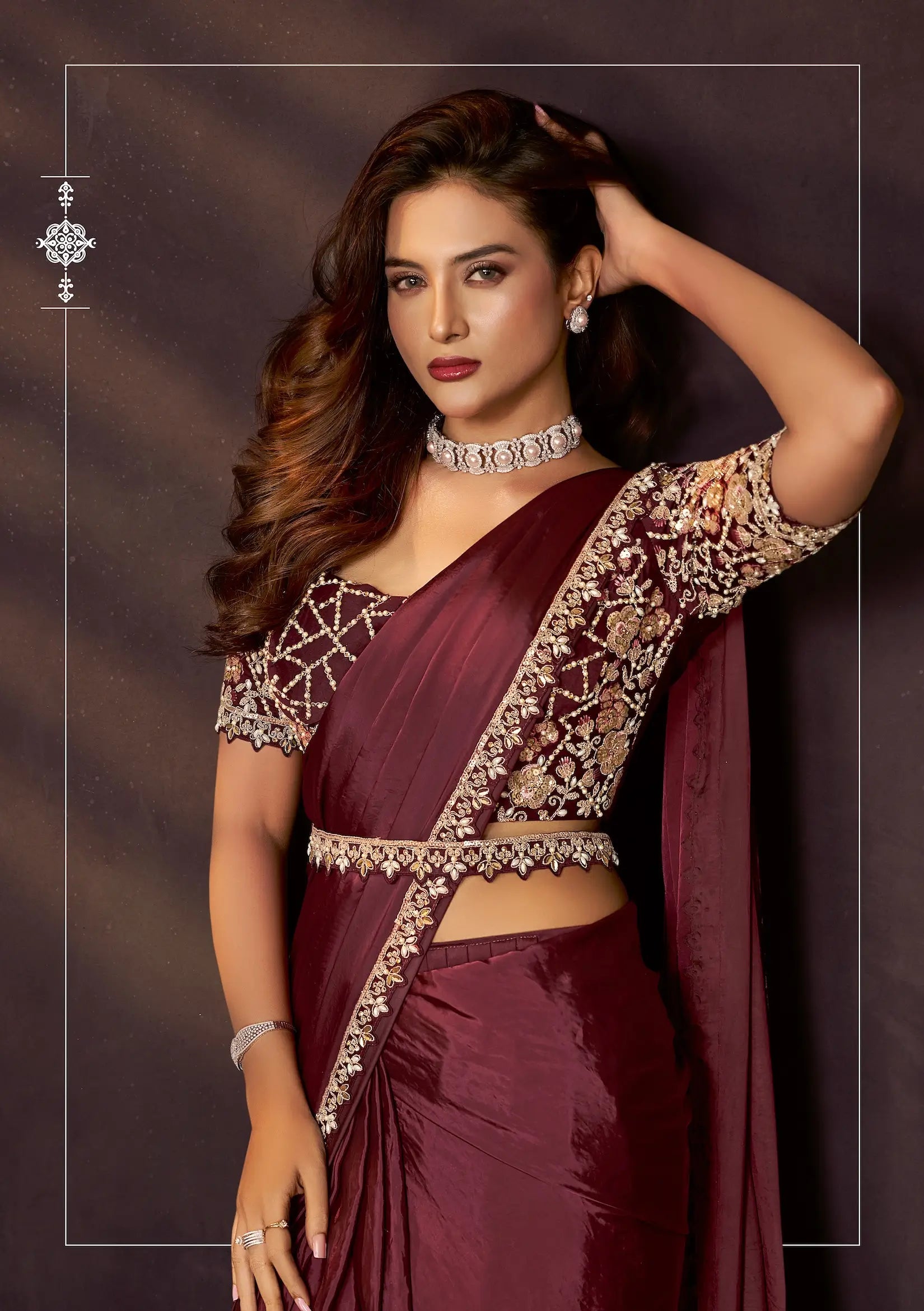Wine Berry One Minute Saree With Embroidery & Hand Work