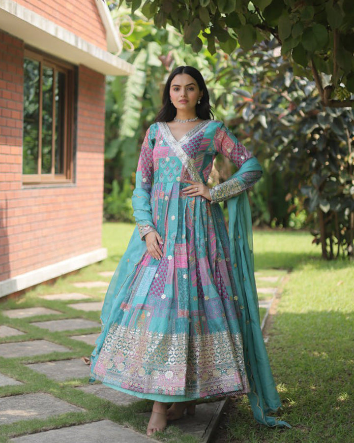 Wedding Wear Embroidery Sky Blue Color Gown With Dupatta  - By Qivii