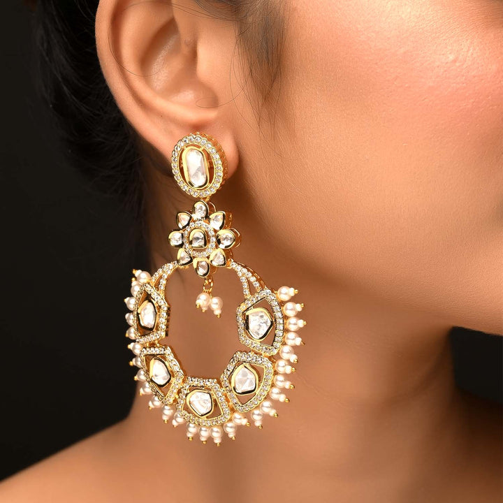 Aarushi Pearl White Gold Plated Kundan Earrings