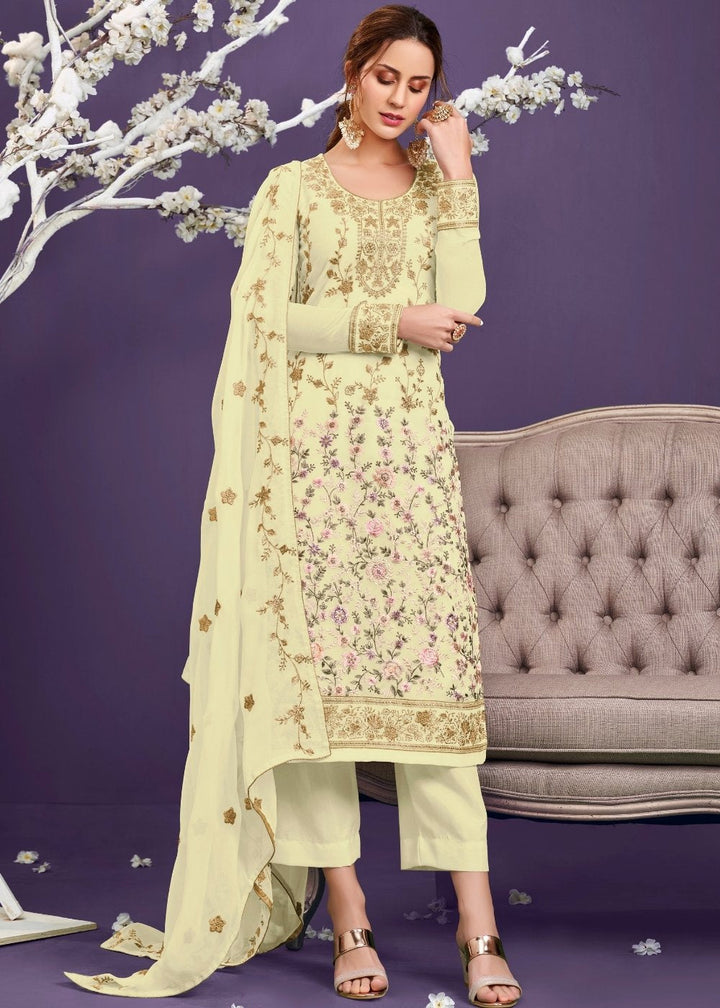 Banana Yellow Georgette Salwar Suit with Thread, Zari & Sequence work By Qivii