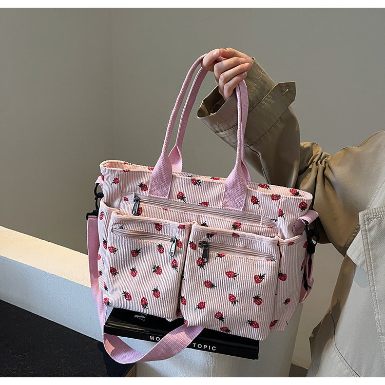 Women's Corduroy Cherry Print Tote Bag – Versatile Women's Strawberry Shoulder & Crossbody Large Capacity Mommy Bag