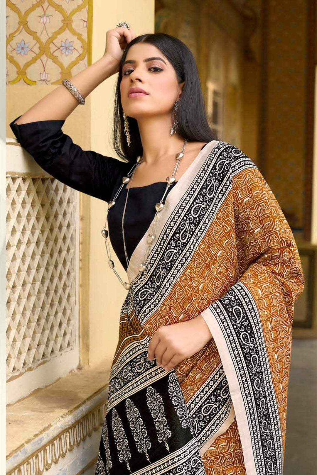 Serria Yellow and Black Handblock Printed Saree