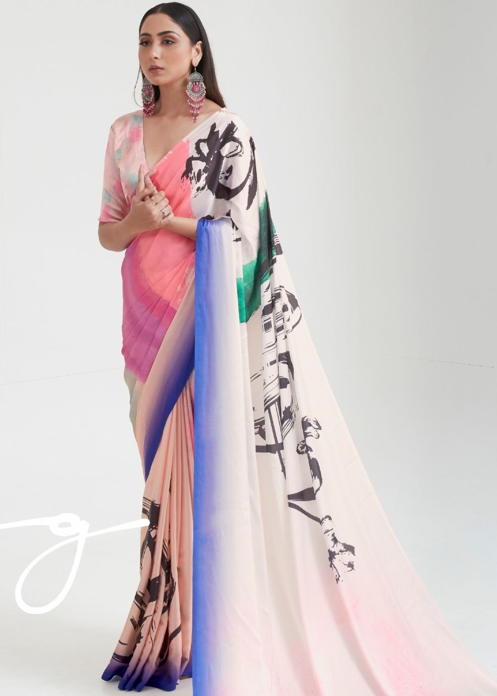 Baby Pink Satin Silk Digital Printed Saree - qivii