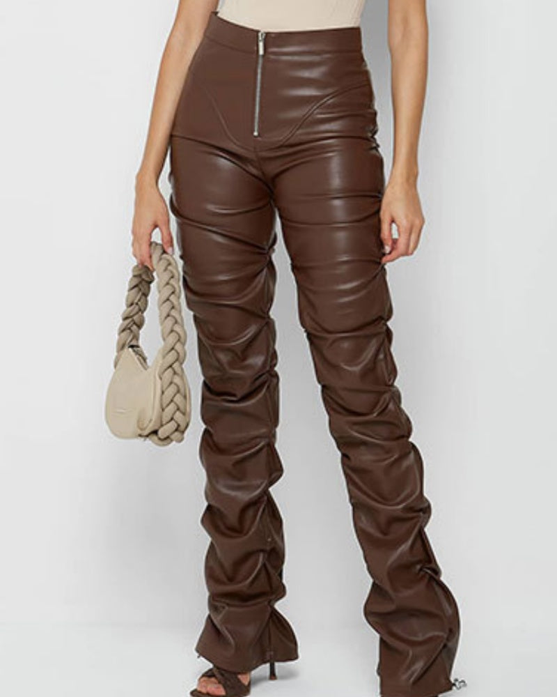 PU Leather Personalized Pleated Flared Pants  - By Qivii