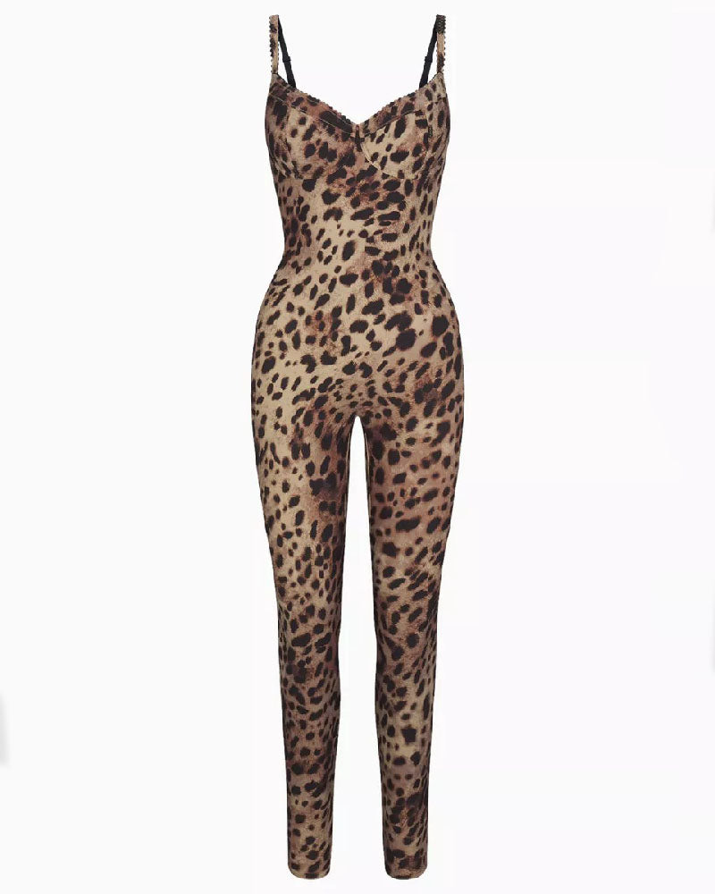 Shapshe® Bodycon Stretch Leopard Print Jumpsuit Sleeveless Push Up Body Catsuit  - By Qivii