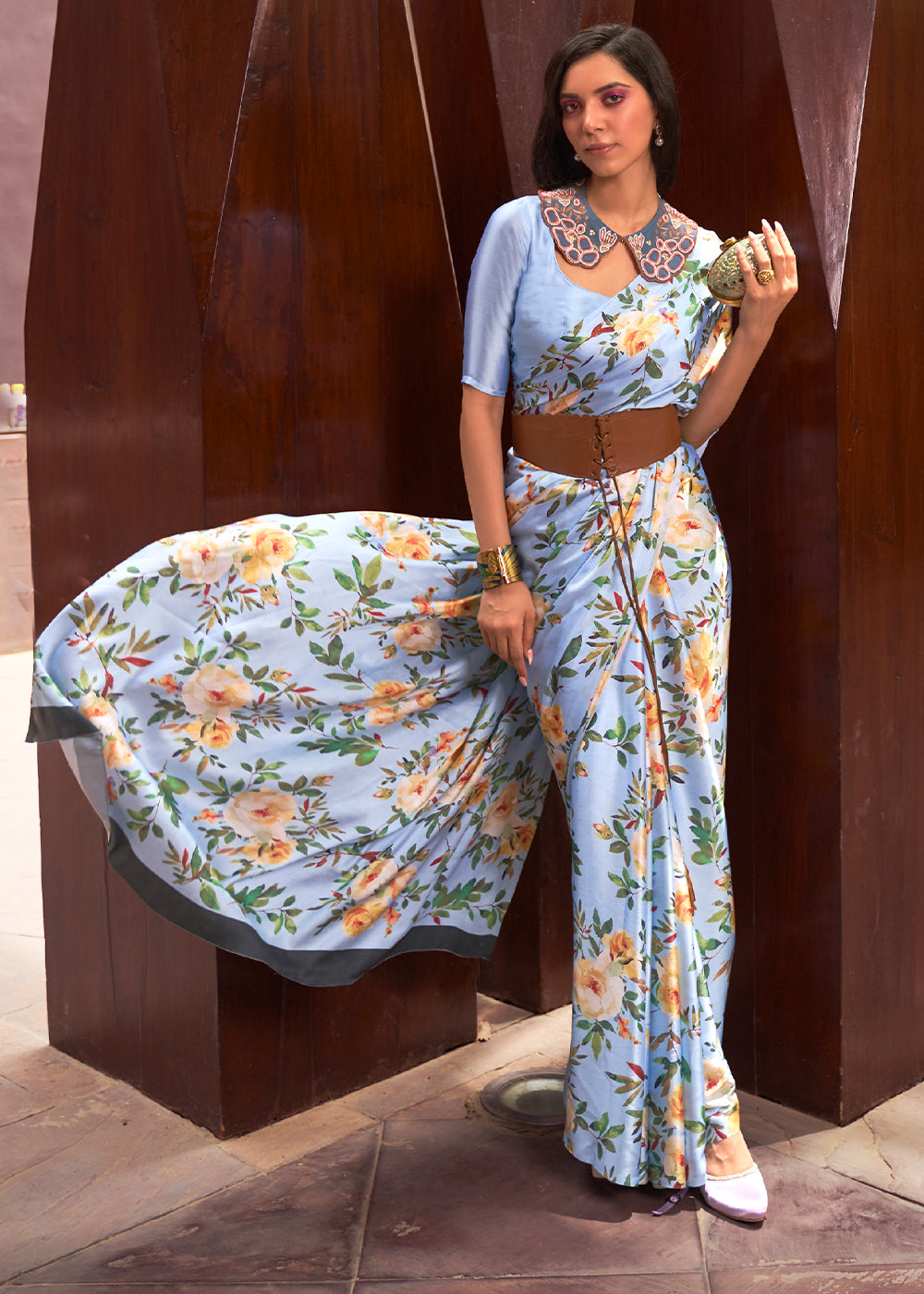 Cornflower Blue Floral Printed Satin Crepe Saree - qivii