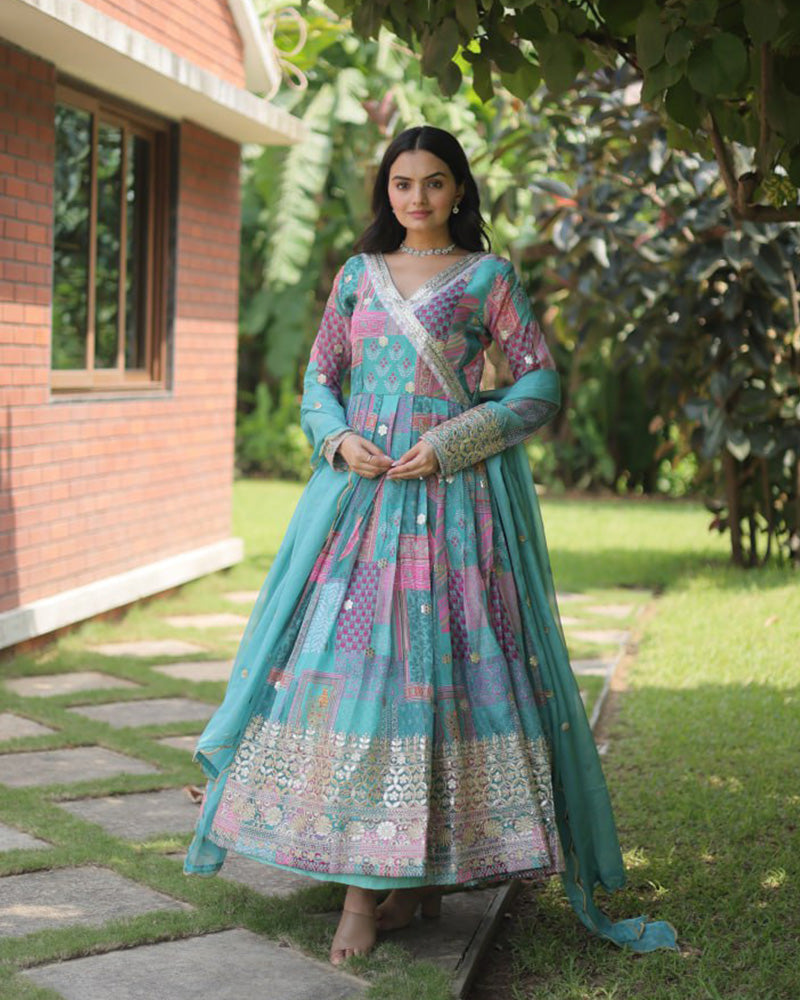 Wedding Wear Embroidery Sky Blue Color Gown With Dupatta  - By Qivii