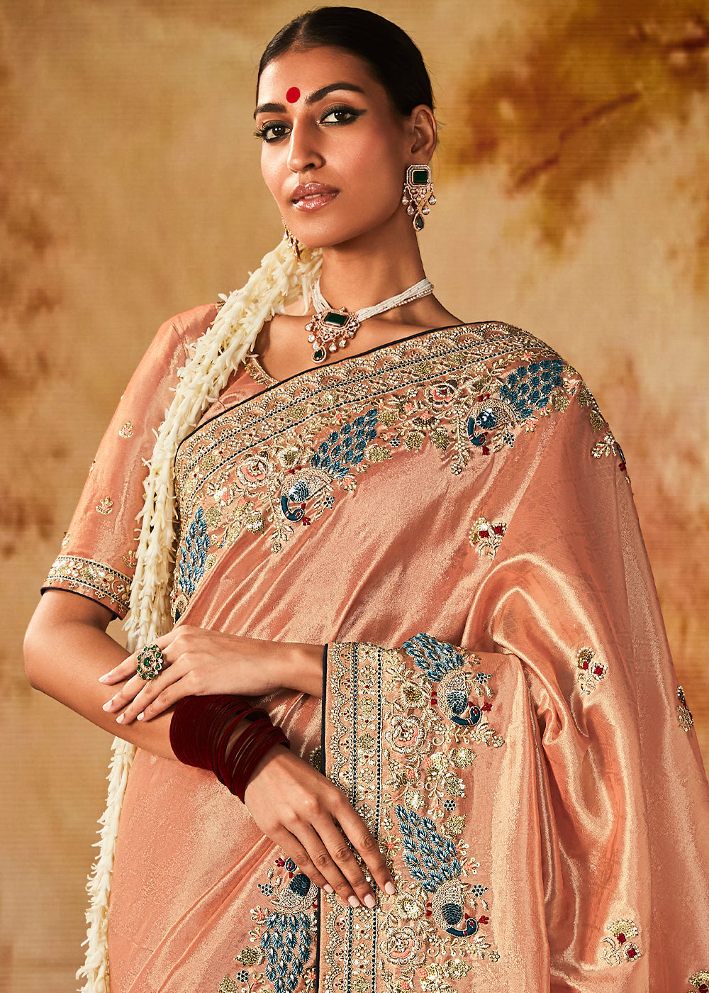 Light Peach Pink Woven Banarasi Silk Saree with Sequin,Stone,Zardosi,Khatli & Pearl work - qivii