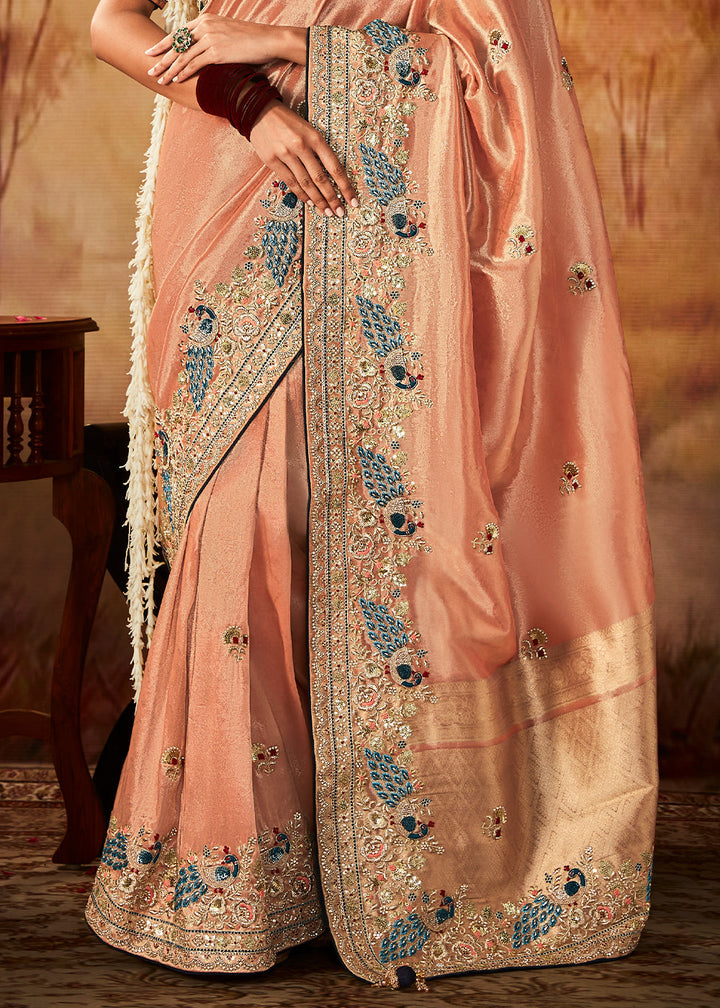 Light Peach Pink Woven Banarasi Silk Saree with Sequin,Stone,Zardosi,Khatli & Pearl work