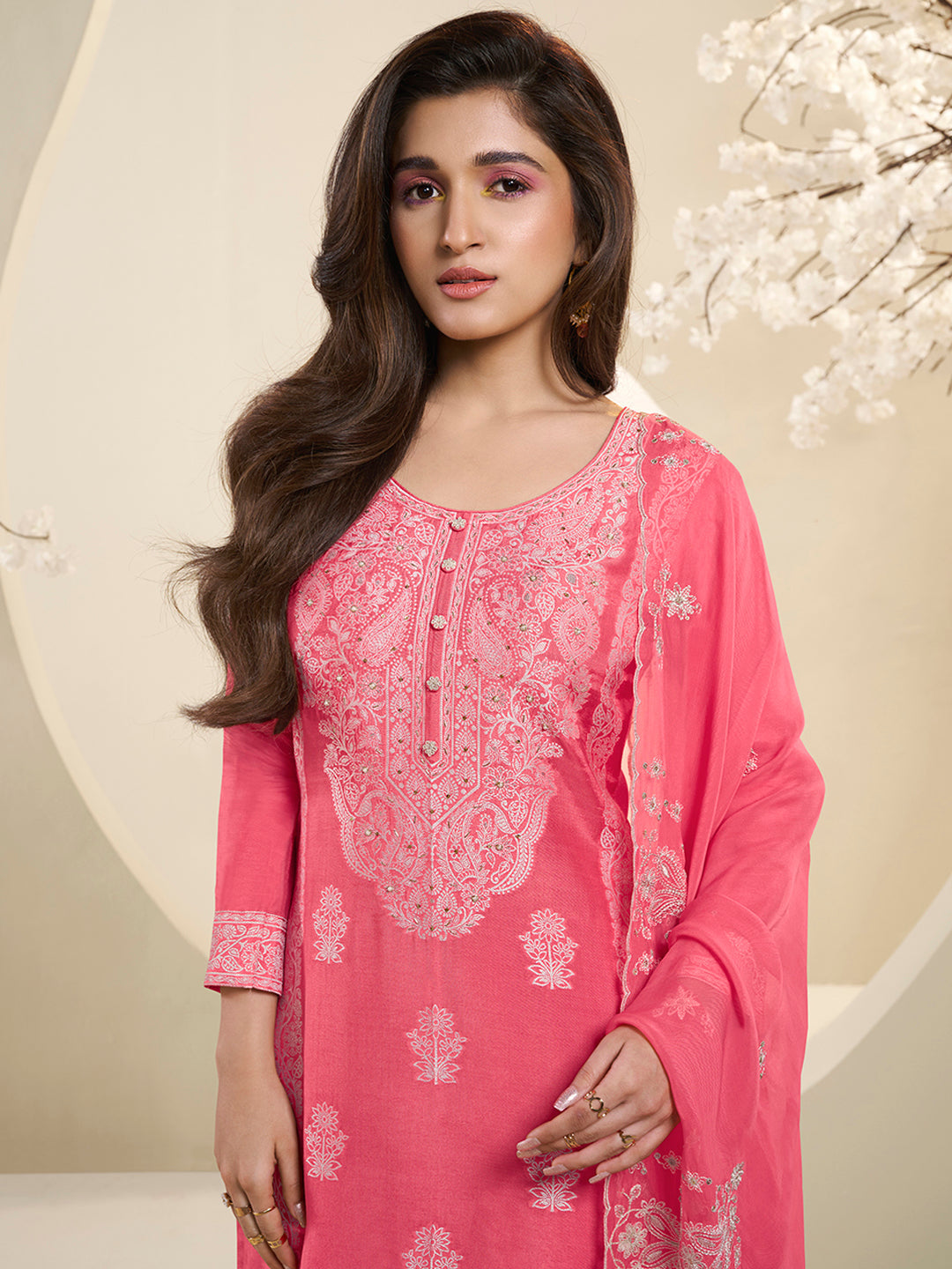 Pink Muslin Jacquard Kurta Suit Set with Handcrafted Buttons by Qivii