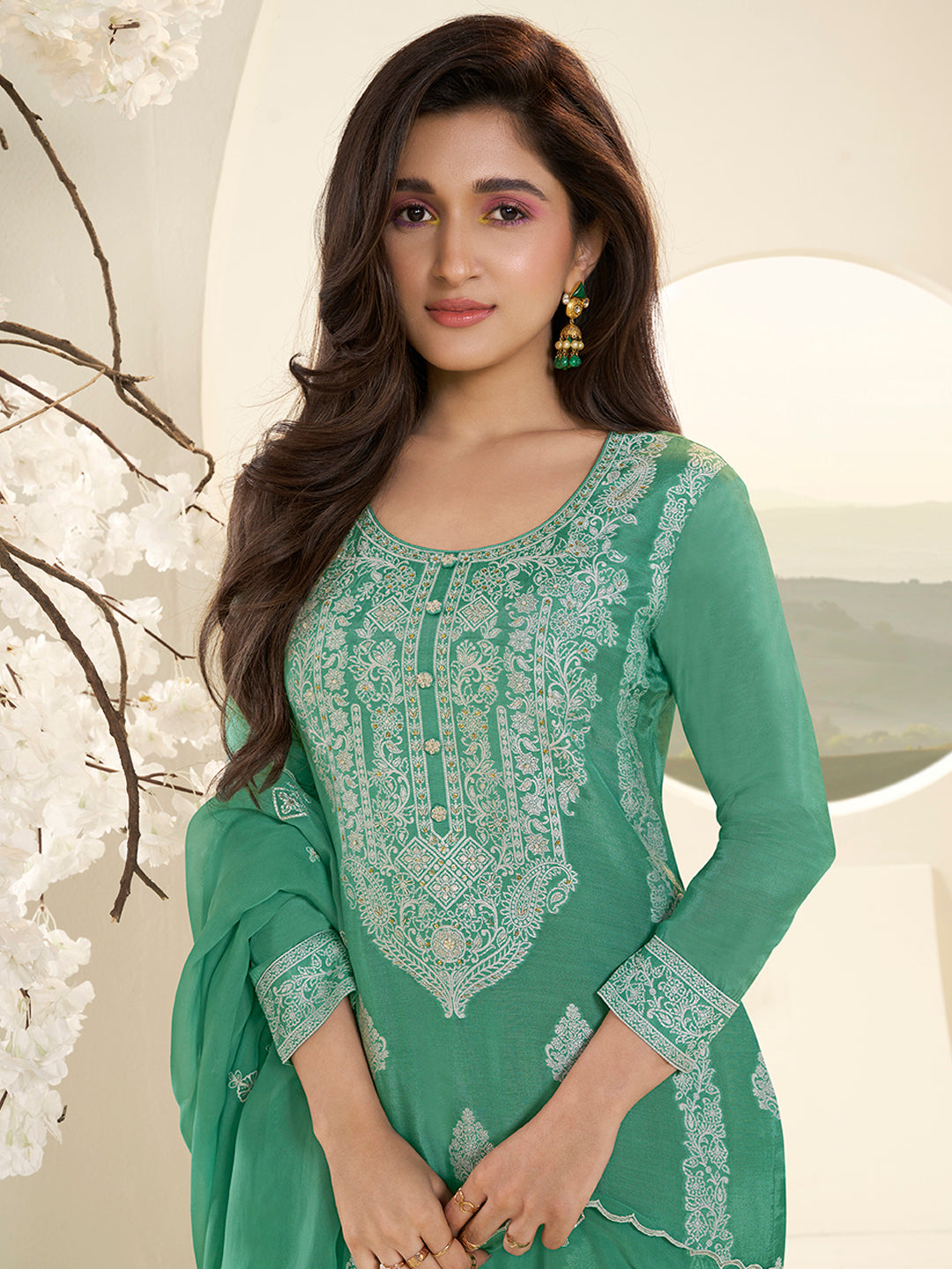 Green Muslin Jacquard Kurta Suit Set with Handcrafted Buttons by Qivii