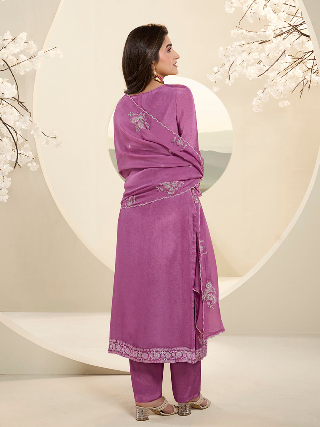 Light Plum Muslin Jacquard Kurta Suit Set with Handcrafted Buttons by Qivii