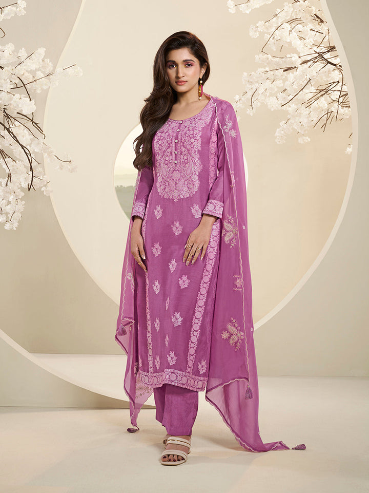 Light Plum Muslin Jacquard Kurta Suit Set with Handcrafted Buttons by Qivii