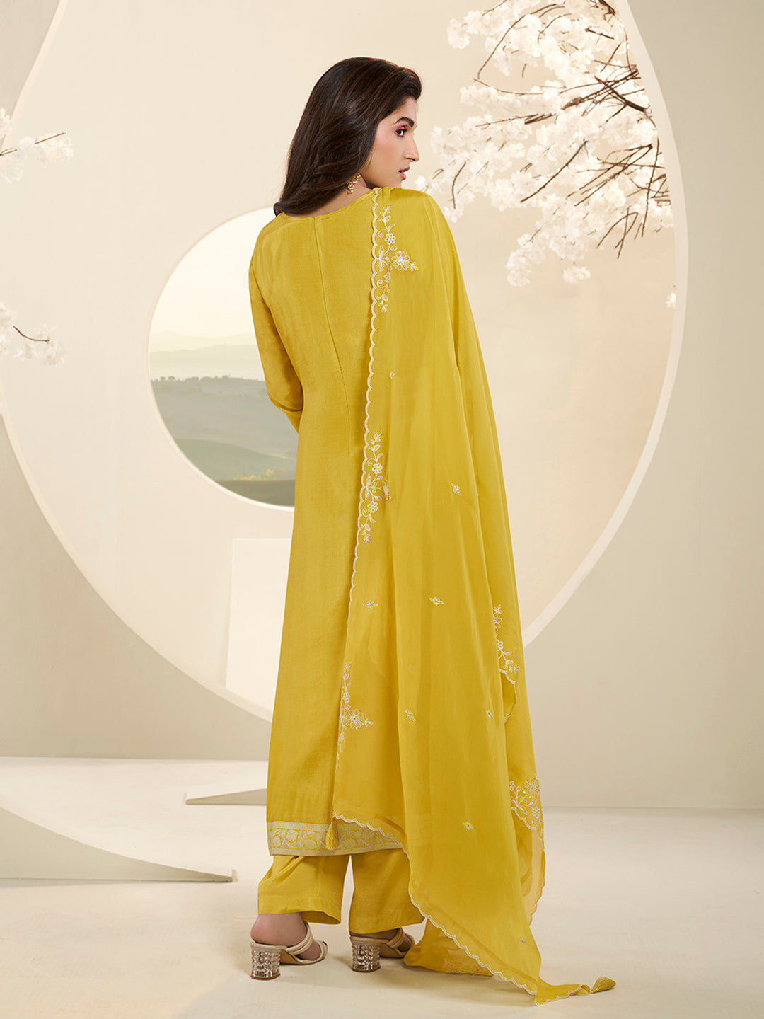 Yellow Muslin Jacquard Kurta Suit Set with Handcrafted Buttons by Qivii