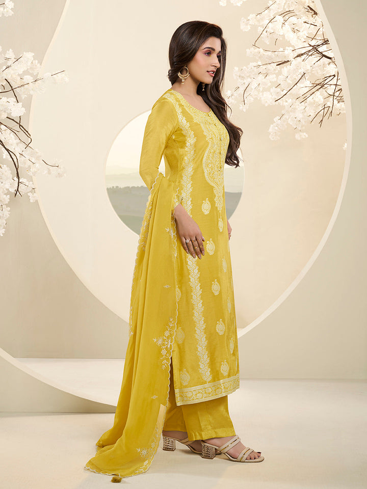 Yellow Muslin Jacquard Kurta Suit Set with Handcrafted Buttons by Qivii