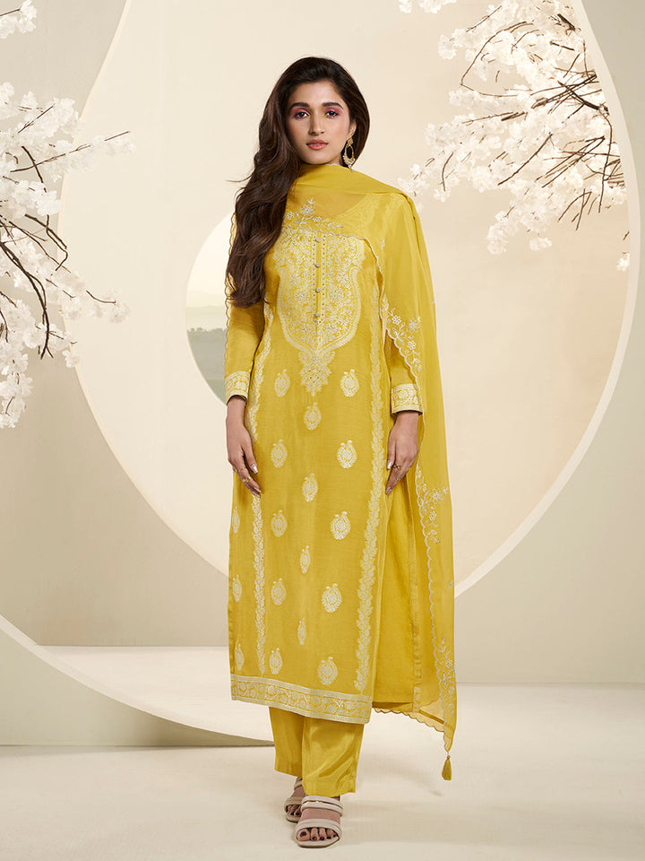 Yellow Muslin Jacquard Kurta Suit Set with Handcrafted Buttons by Qivii