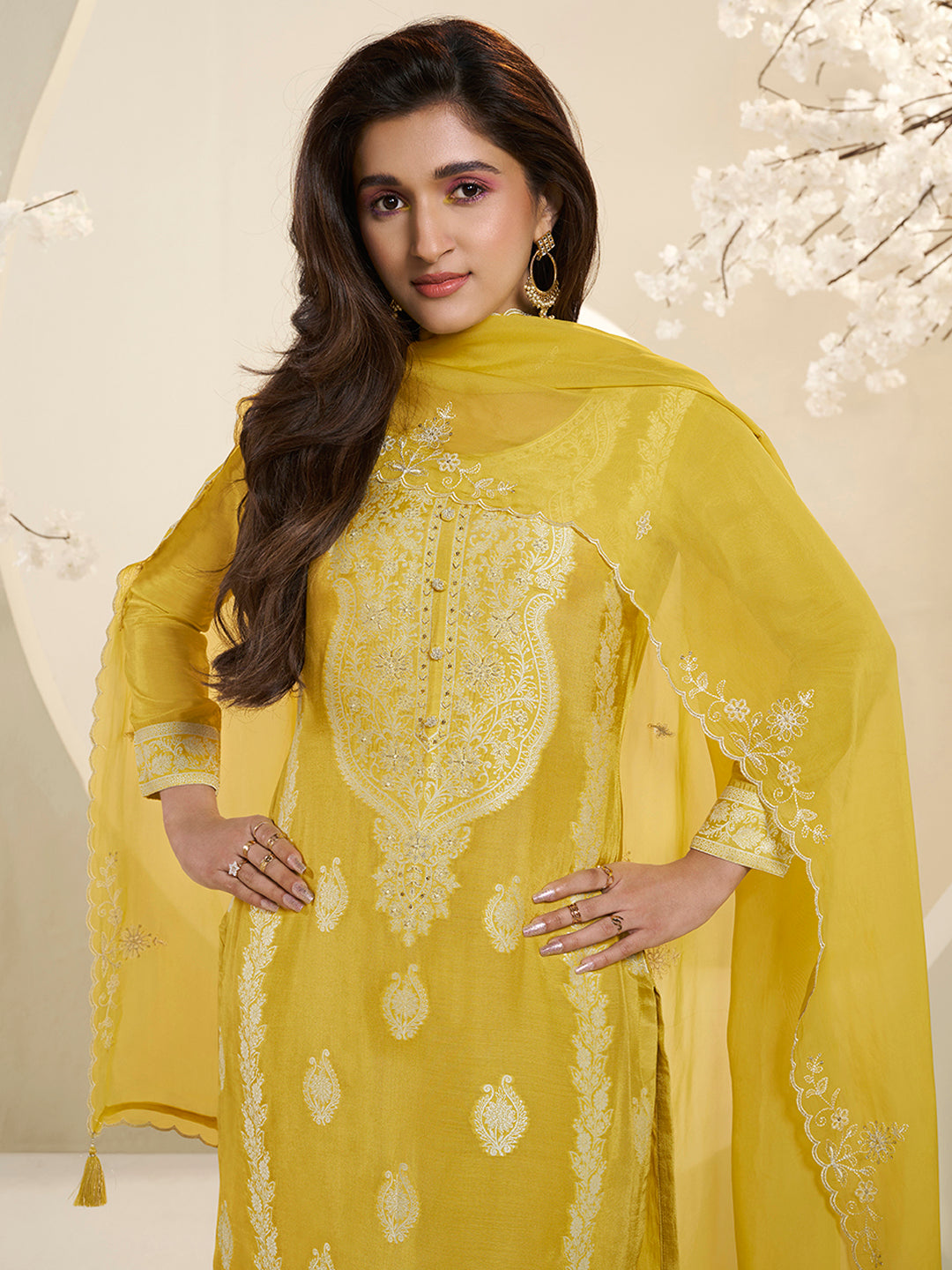 Yellow Muslin Jacquard Kurta Suit Set with Handcrafted Buttons by Qivii