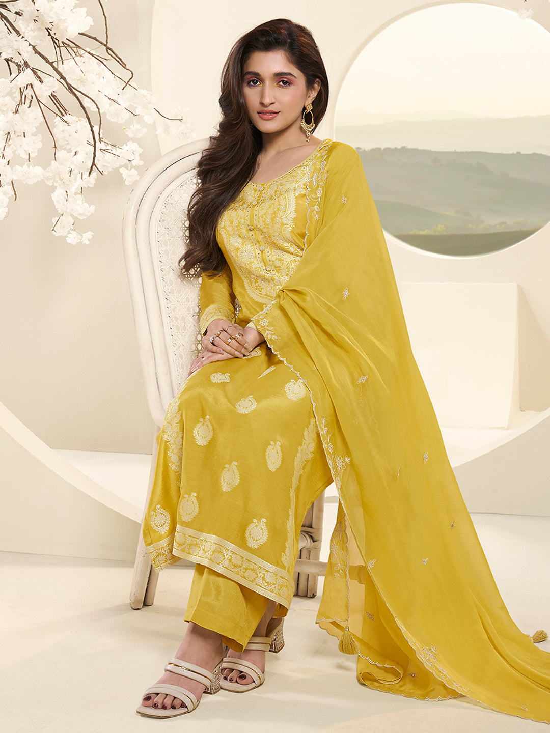 Yellow Muslin Jacquard Kurta Suit Set with Handcrafted Buttons by Qivii