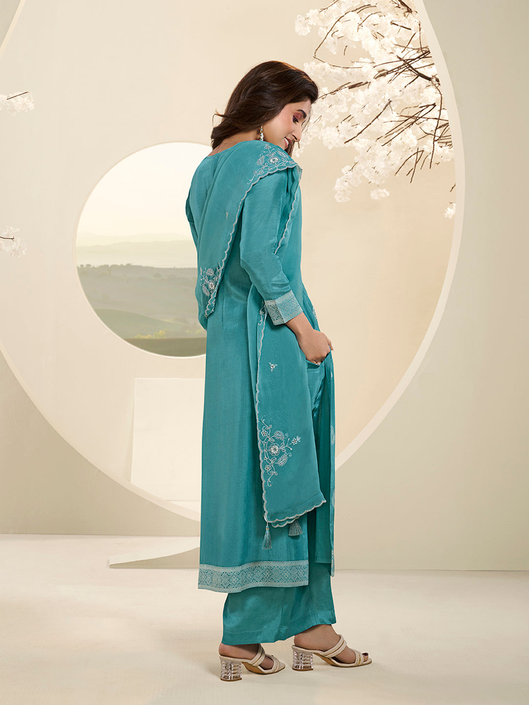 See Green Muslin Jacquard Kurta Suit Set with Handcrafted Buttons by Qivii