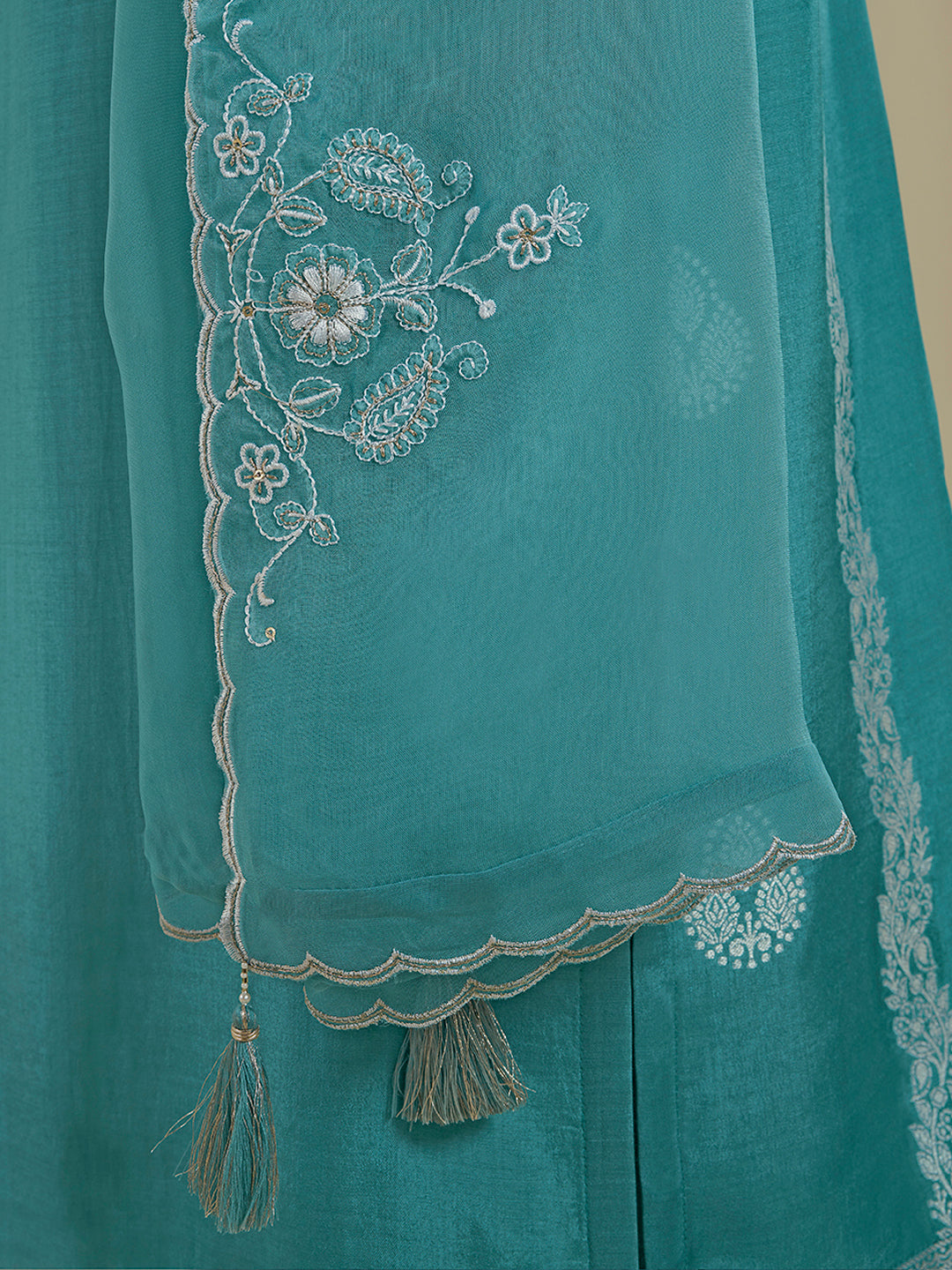 See Green Muslin Jacquard Kurta Suit Set with Handcrafted Buttons by Qivii