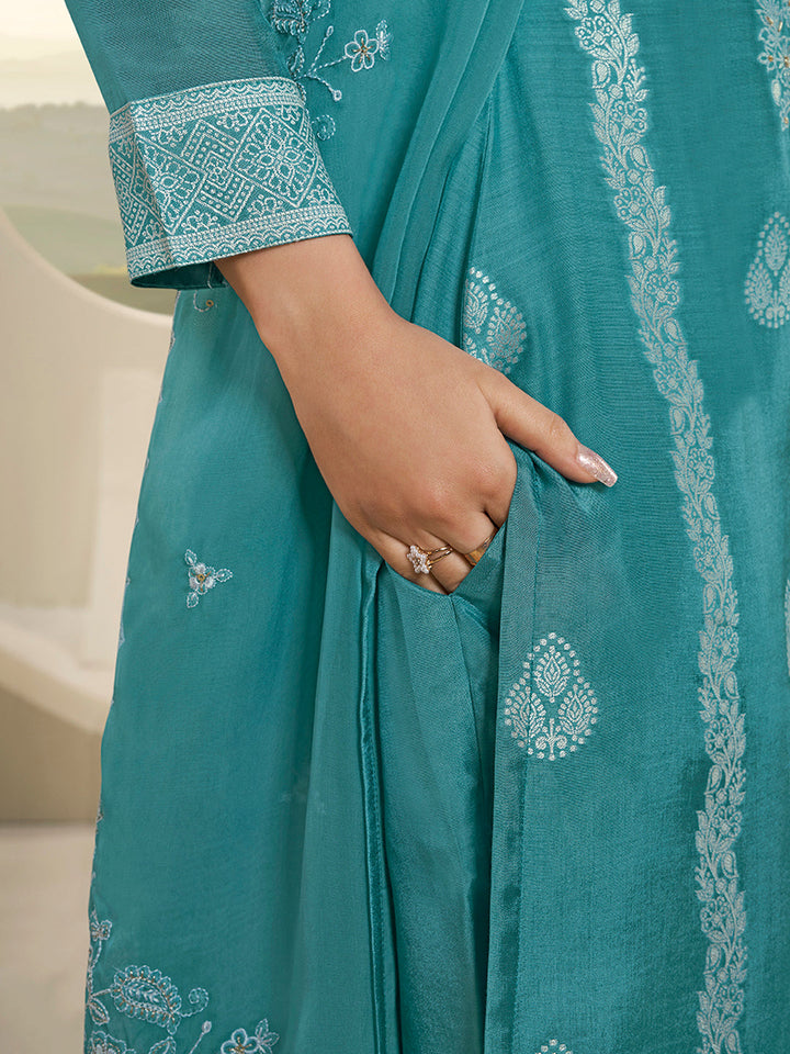 See Green Muslin Jacquard Kurta Suit Set with Handcrafted Buttons by Qivii