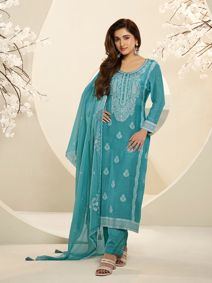 See Green Muslin Jacquard Kurta Suit Set with Handcrafted Buttons by Qivii