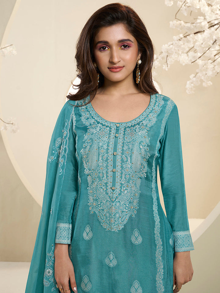 See Green Muslin Jacquard Kurta Suit Set with Handcrafted Buttons by Qivii