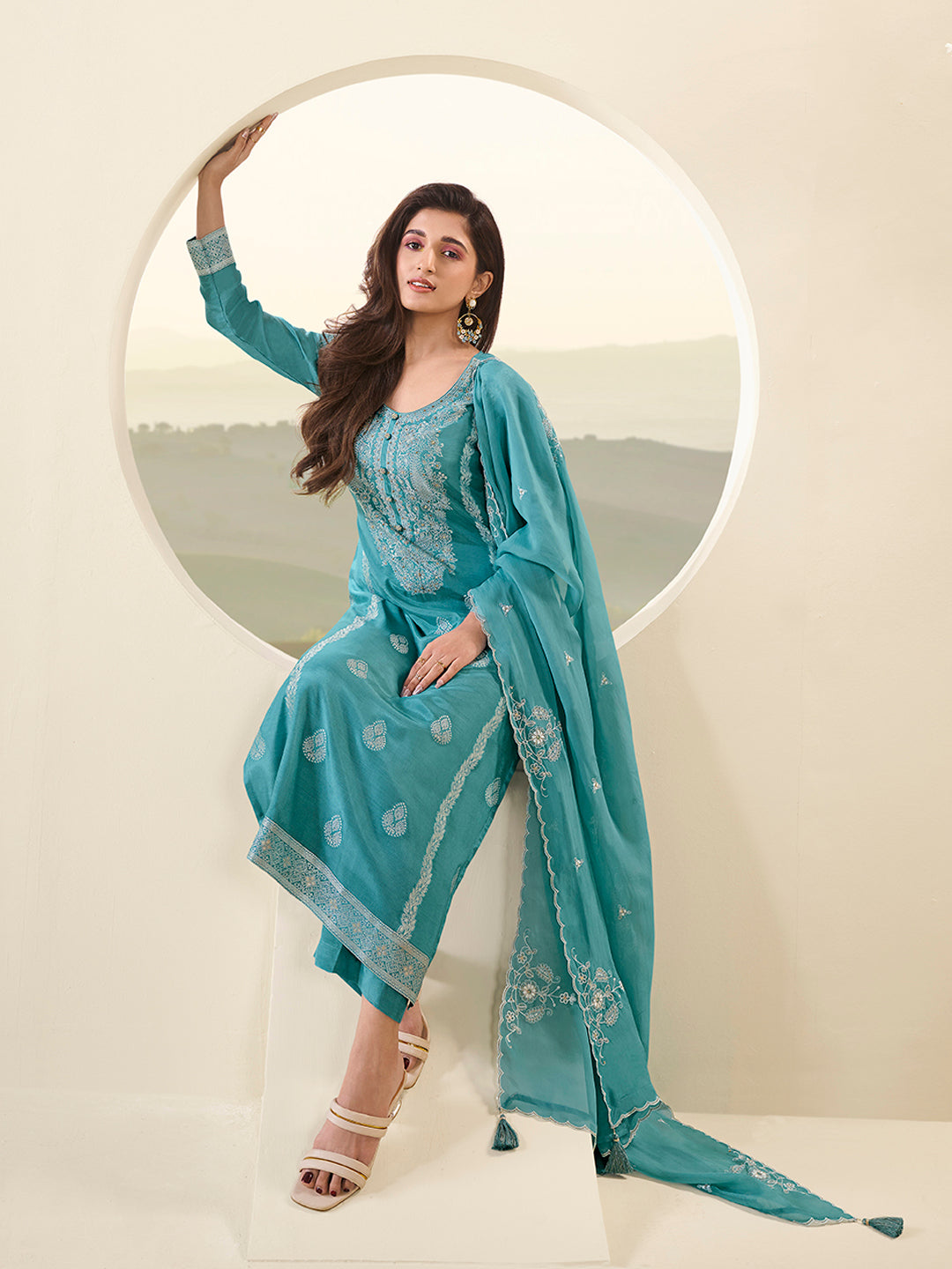 See Green Muslin Jacquard Kurta Suit Set with Handcrafted Buttons by Qivii