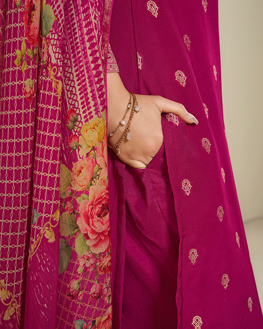 Magenta Pink Muslin Jacquard Kurta . Paired with Santoon Straight pants and Muslin Jacquard Abstract Digital Print Dupatta