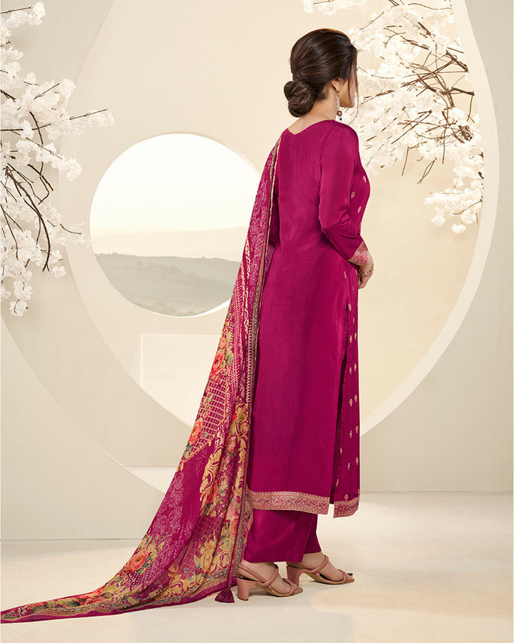 Magenta Pink Muslin Jacquard Kurta . Paired with Santoon Straight pants and Muslin Jacquard Abstract Digital Print Dupatta